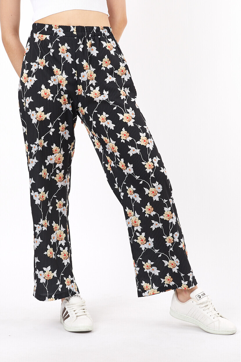 Twenty3 Kadın Çizgi Üstüne Çiçek Desenli Rahat Kesim Pantolon