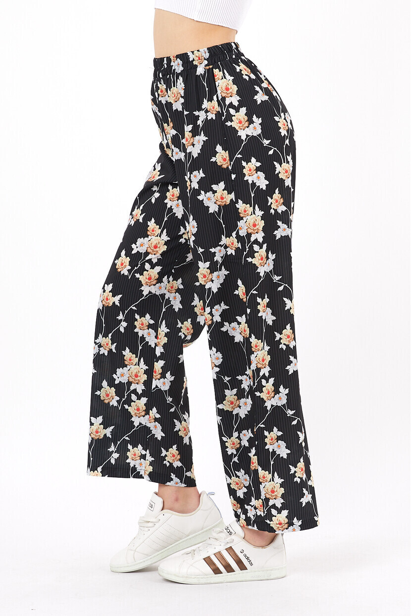 Twenty3 Kadın Çizgi Üstüne Çiçek Desenli Rahat Kesim Pantolon