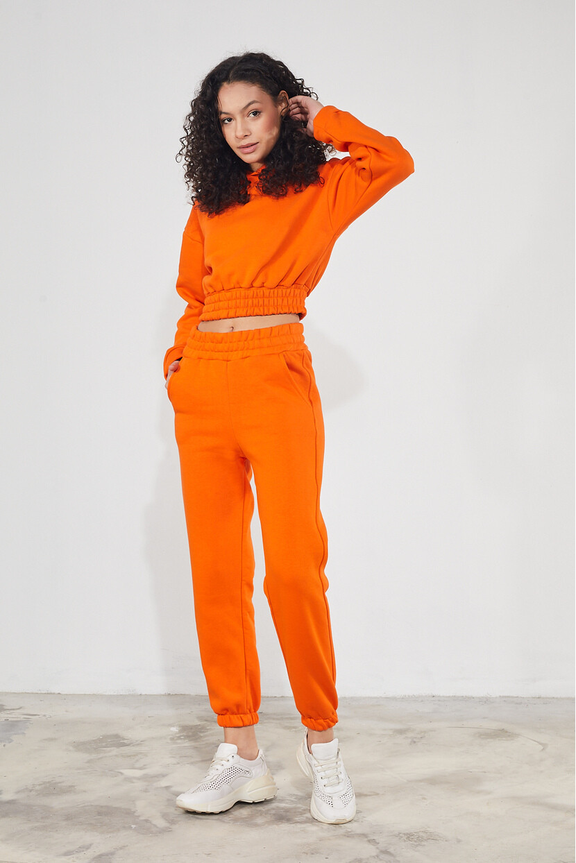 Twenty3  Kadın Kapüşonlu Crop Üstlü Paçası Lastikli 3 İplik İçi Polarlı Şardonlu Basic Eşofman Takım