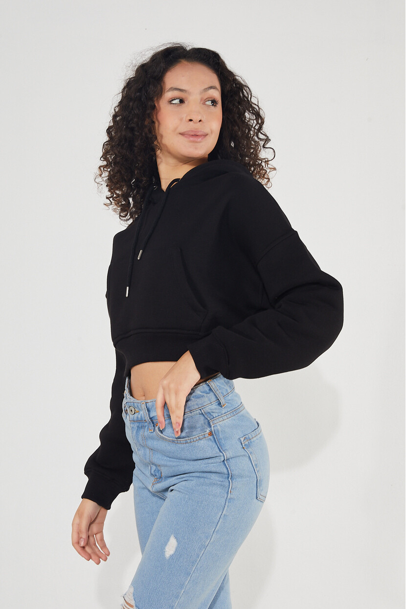 Twenty3 Kadın Kapüşonlu Kanguru Cepli 3 İplik İçi Polarlı Şardonlu Basic Kalın Crop Sweatshirt