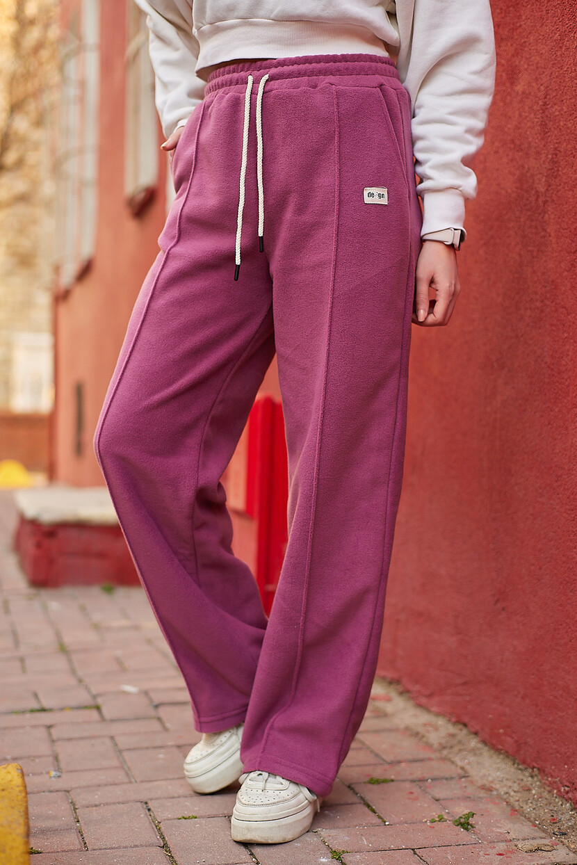 Twenty3 Kadın Polar Nervür Detaylı Etiketli Düz Paça Palazzo Eşofman Altı