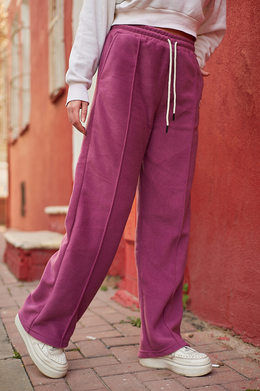 Twenty3 Kadın Polar Nervür Detaylı Etiketli Düz Paça Palazzo Eşofman Altı