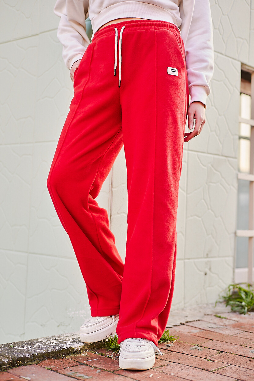 Twenty3 Kadın Polar Nervür Detaylı Etiketli Düz Paça Palazzo Eşofman Altı