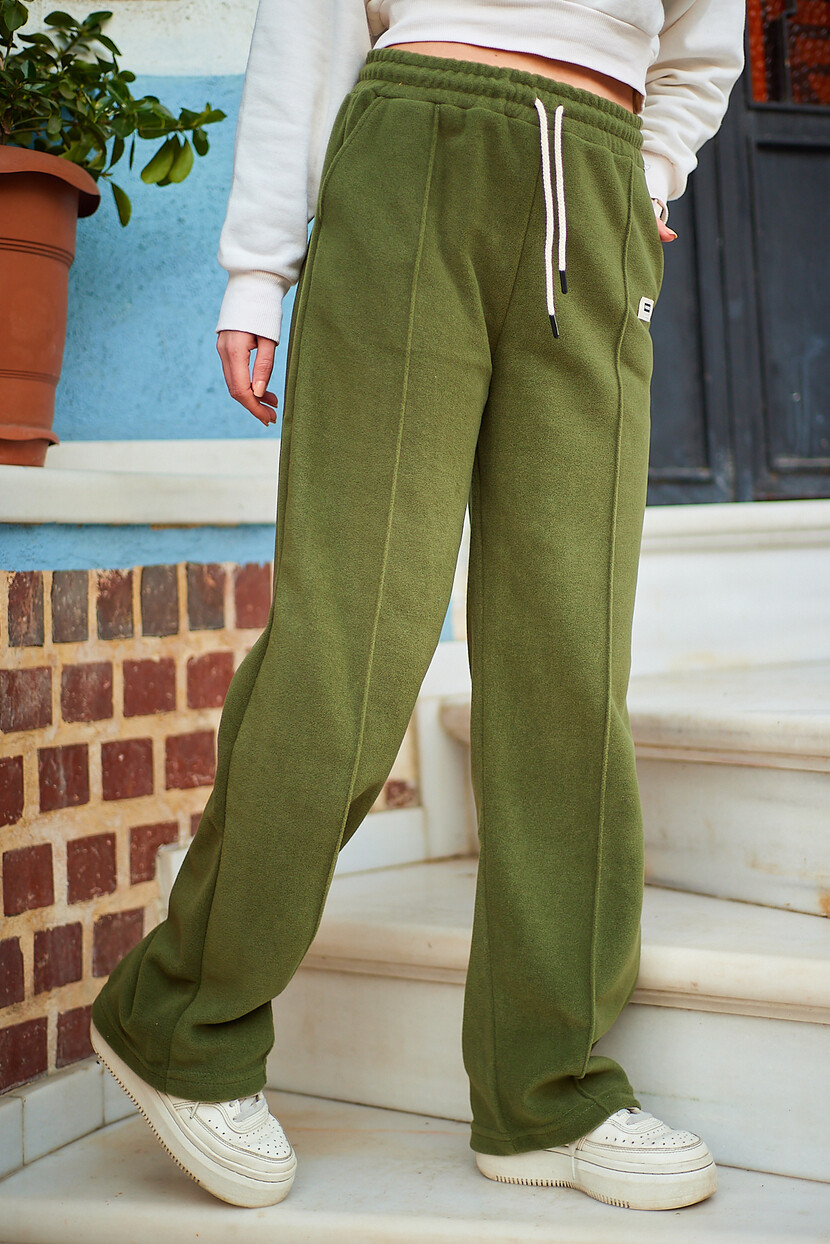 Twenty3 Kadın Polar Nervür Detaylı Etiketli Düz Paça Palazzo Eşofman Altı