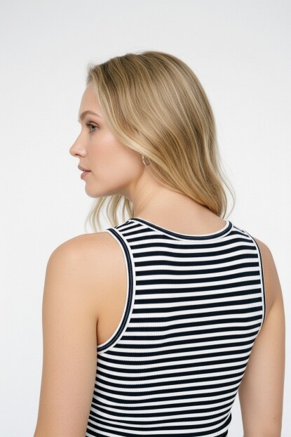 Kadın Halter Yaka Çizgili Pamuklu Ribana Atlet
