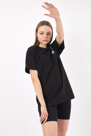 Twenty3 Kadın Sıfır Yaka Basic Uzay Baskılı Oversize T-Shirt 