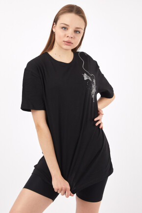 Twenty3 Kadın Sıfır Yaka Basic Uzay Baskılı Oversize T-Shirt 