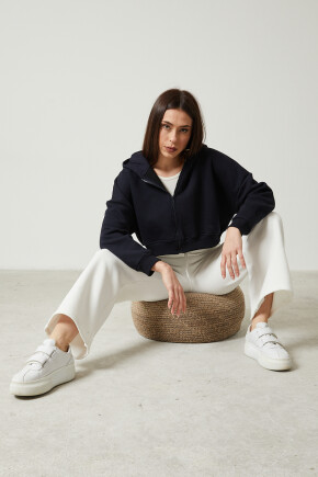 Twenty3 Kadın Basic Fermuarlı Kapüşonlu Crop Kalın İçi Polarlı Örme Sweatshirt